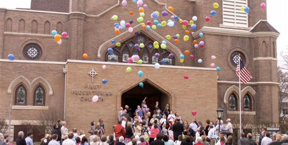Balloon release in front of the church